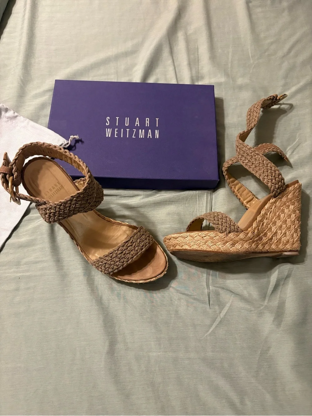 Stuart Weitzman Tan Braided Espadrille Wedge Sandals
